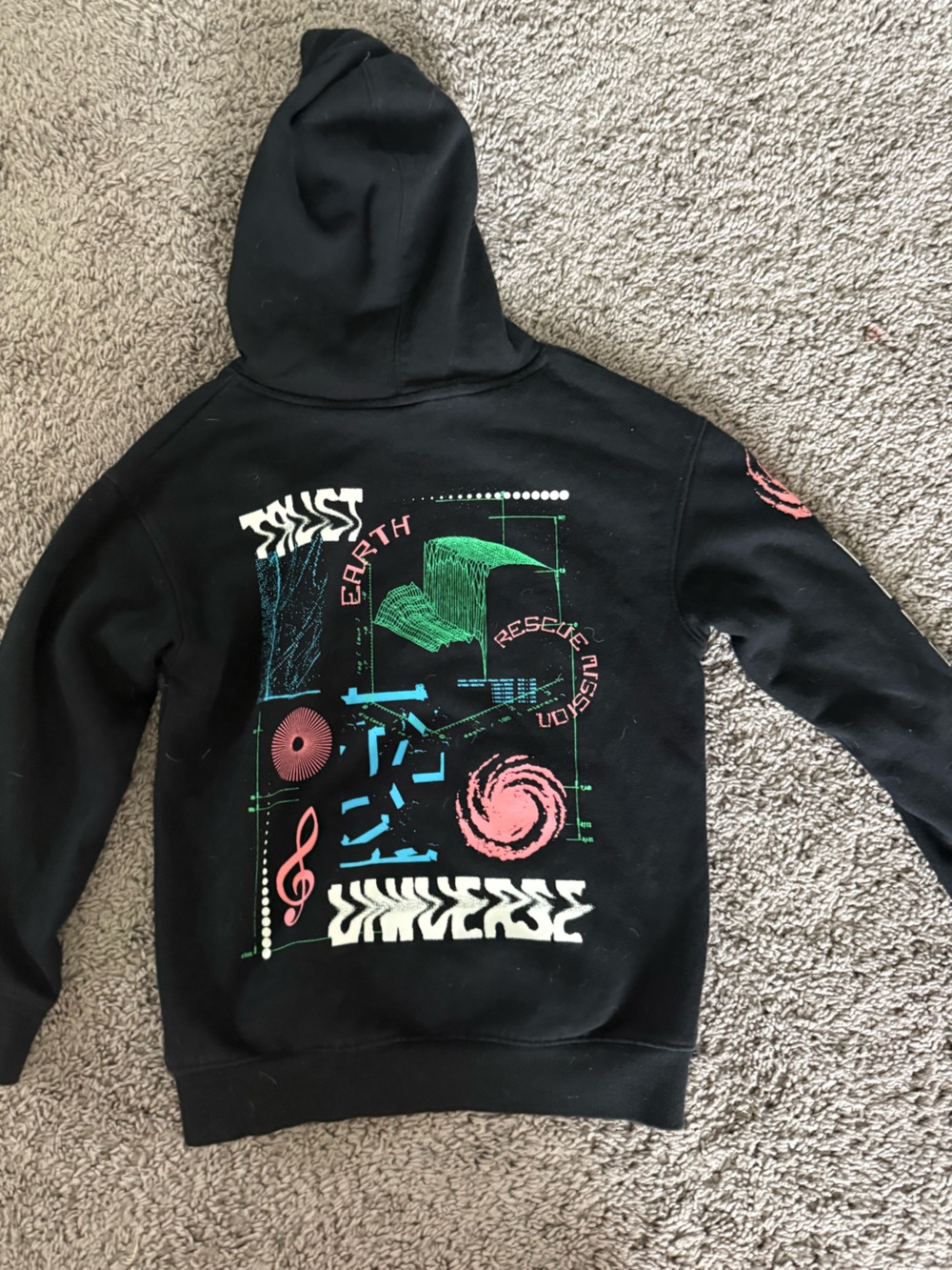 Black Graphic Hoodie with Neon Sci-Fi Print- child Medium (8)